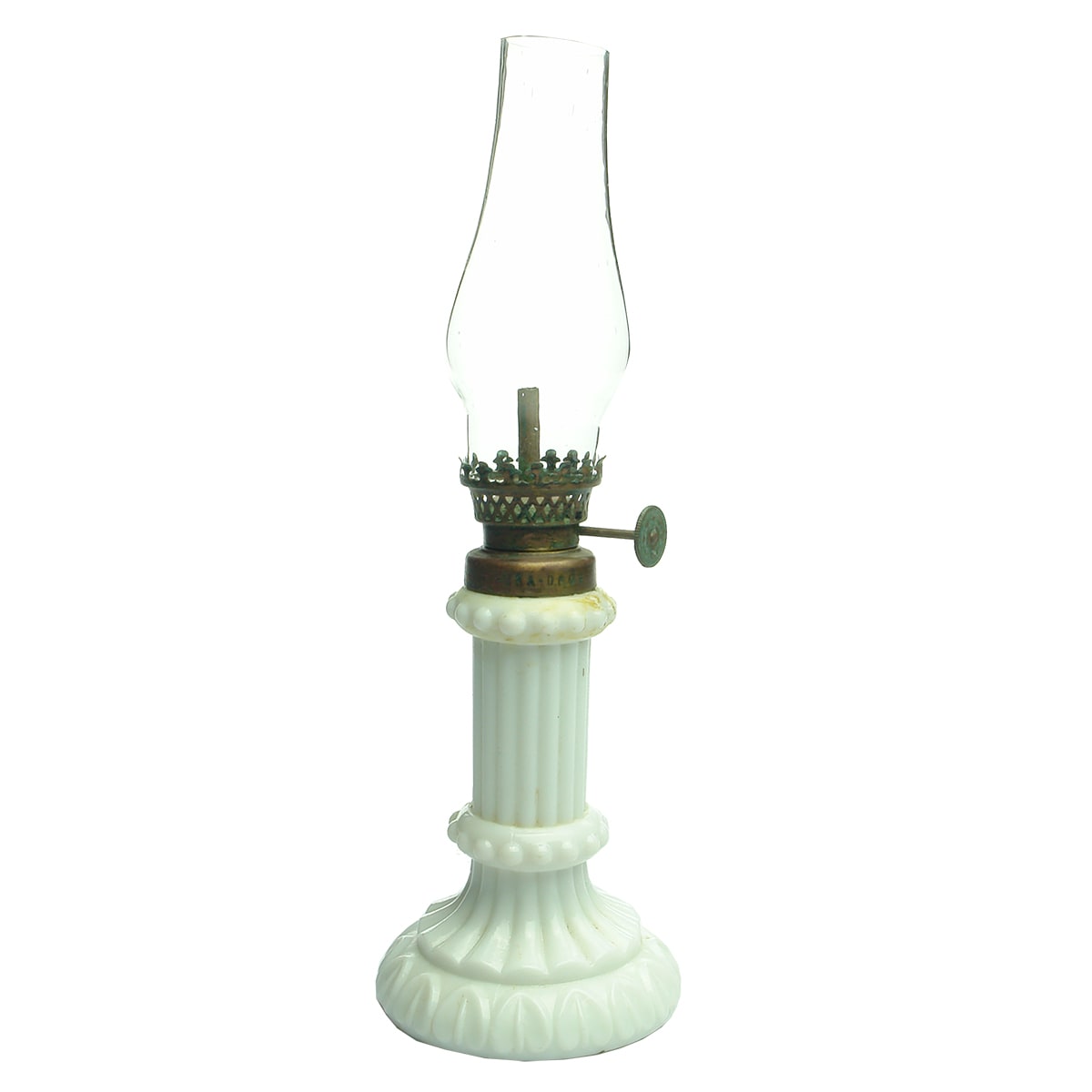 Lamp. Milk Glass Column, Brass Burner has J. K. A. Drum on it.