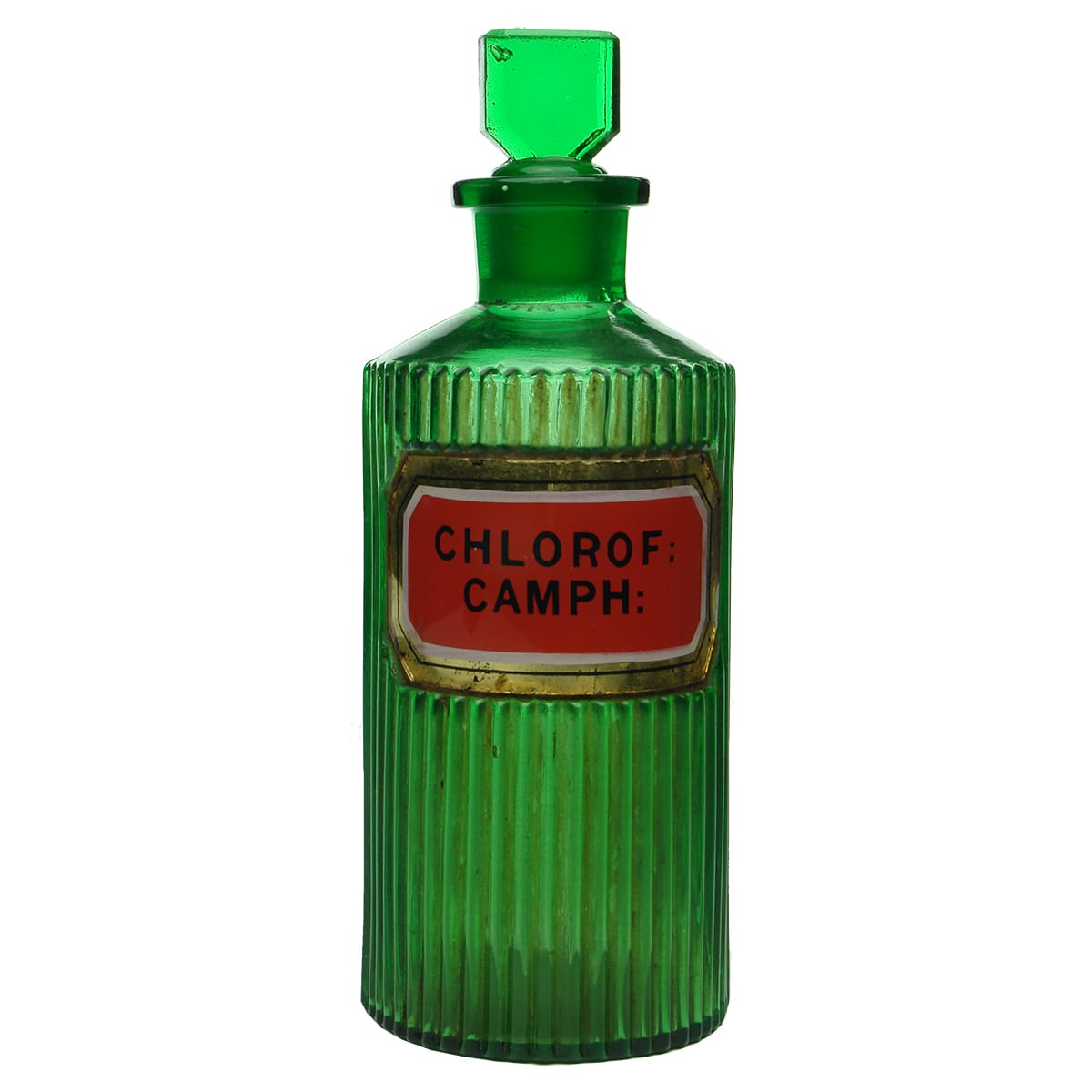 Pharmacy. Chlorof: Camph: Green. Ribbed. Label under glass. 12 oz.