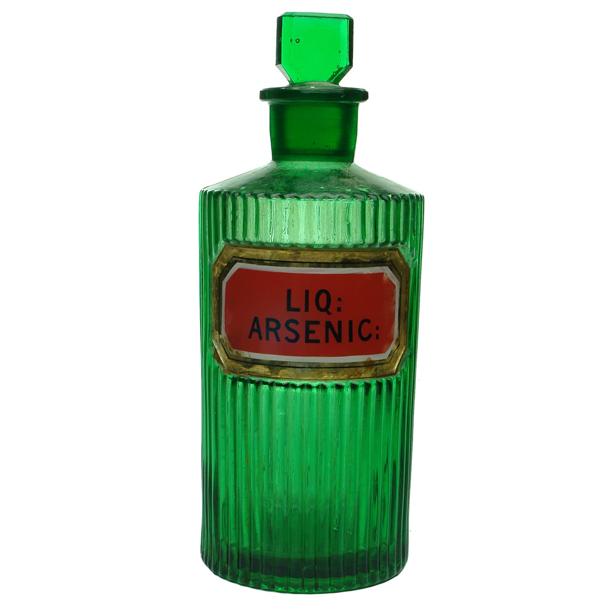 Pharmacy. Liq: Arsenic: Green. Ribbed. Label under glass. 20 oz.