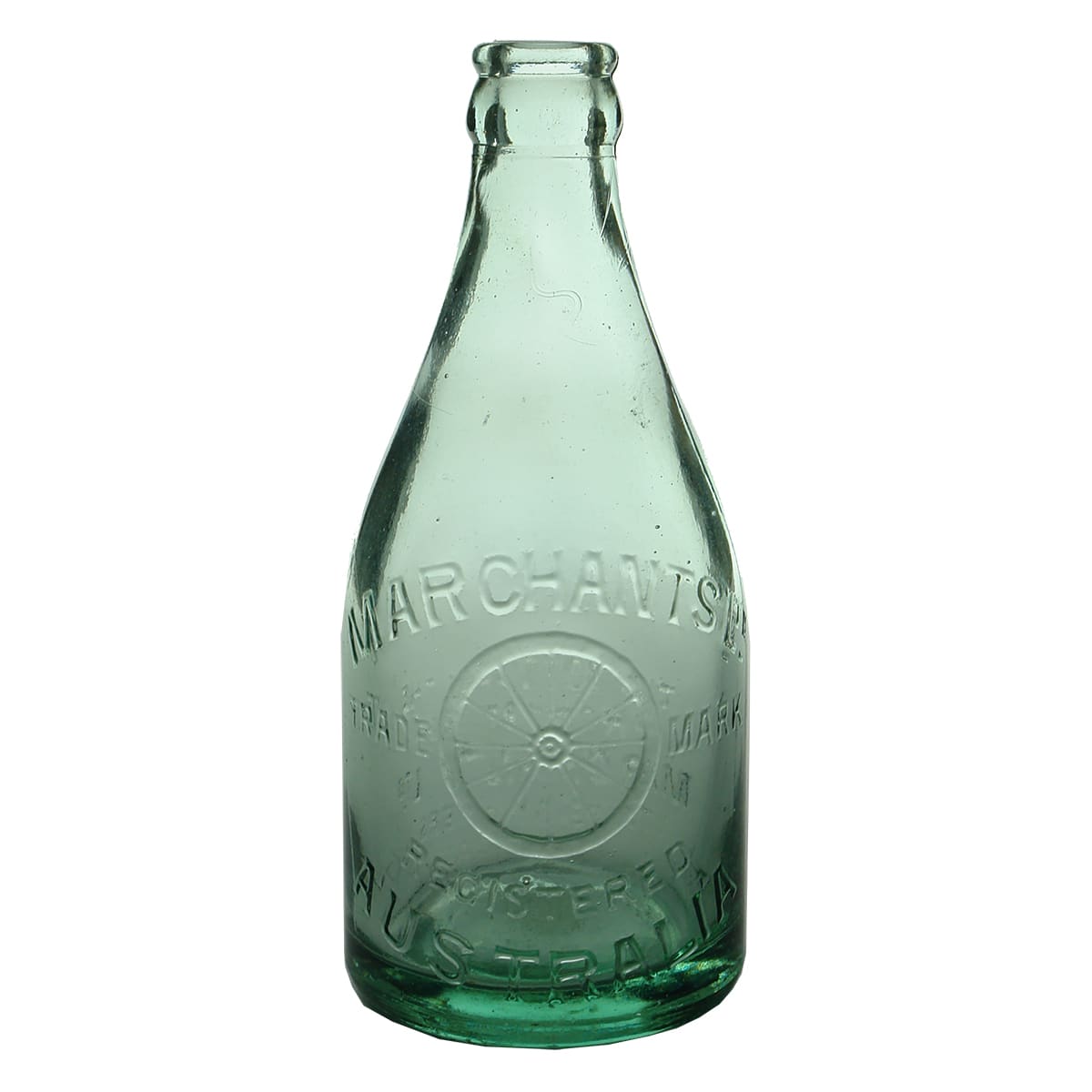 Crown Seal. Marchants Ltd., Australia. Dumpy squat champagne shape. Aqua. 10 oz.