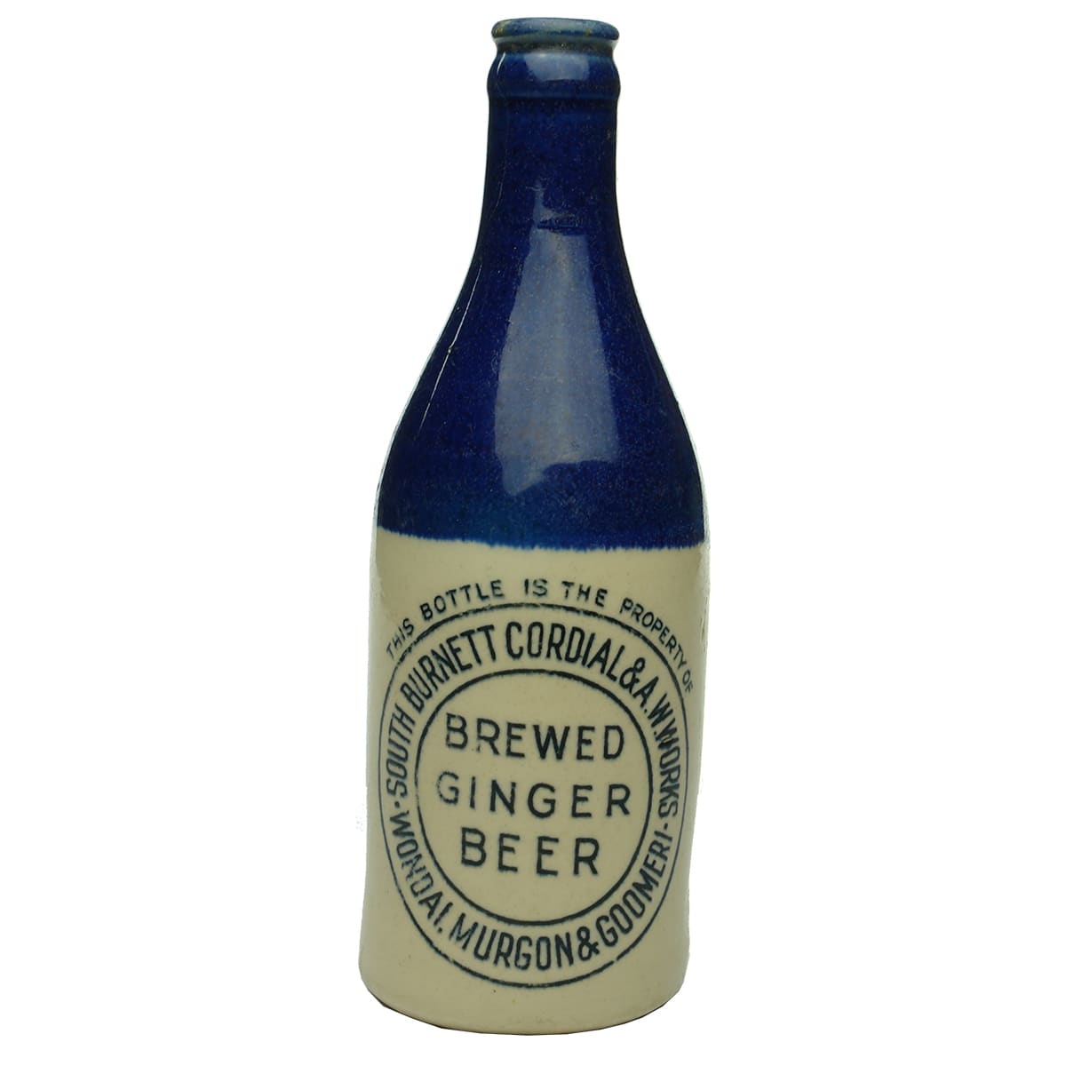 Ginger Beer. South Burnett Cordial & AW Works. Wondai, Murgon & Goomeri. Crown Seal. Blue Top. (Queensland)