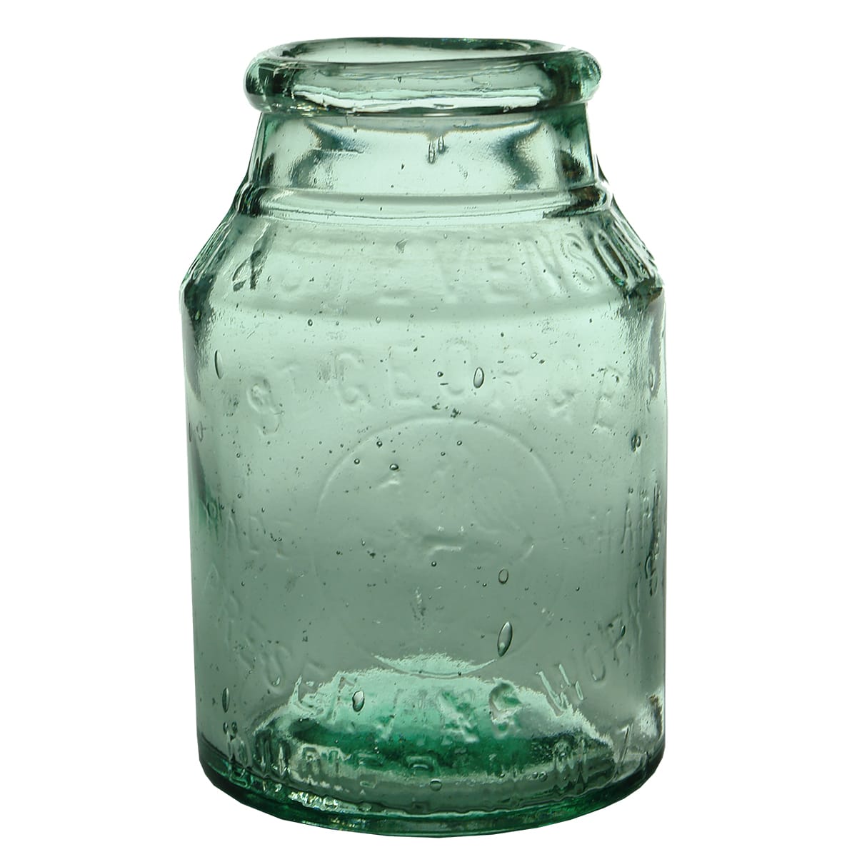 Jam Jar. Irvine & Stevenson's St George Preserving Works, Dunedin. Aqua. 2 Pound. (New Zealand)