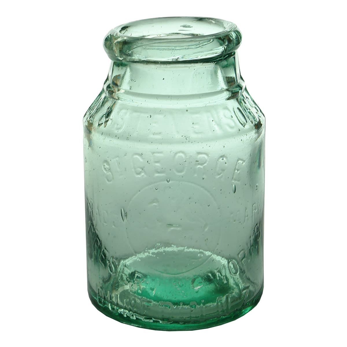 Jam Jar. Irvine & Stevenson's St George Preserving Works, Dunedin. Aqua. 2 Pound. (New Zealand)