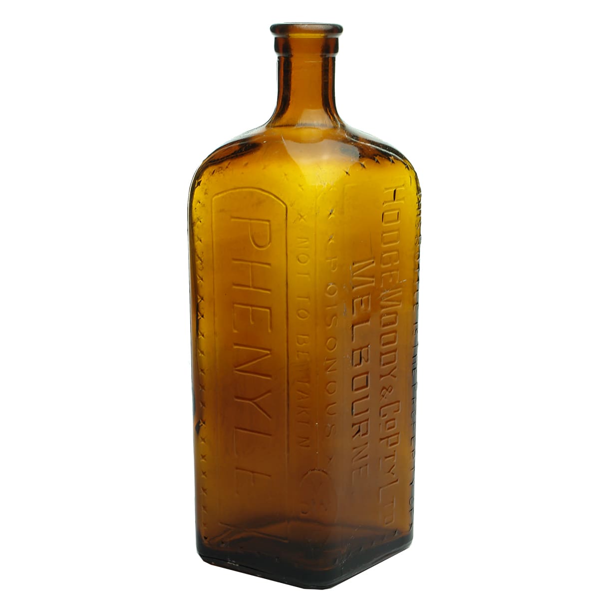 Phenyle. Hodge Moody & Co Pty Ltd, Melbourne. Amber. Machine made. 26 oz. (Victoria)