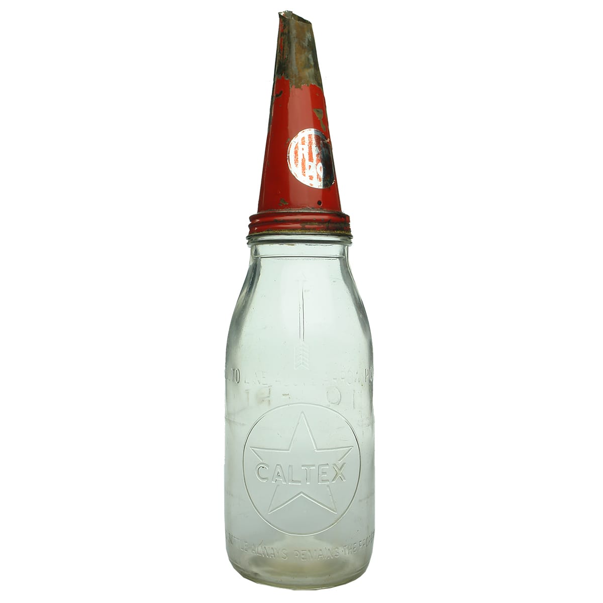 Oil Bottle. Caltex. Quart. Red Tin Pourer.