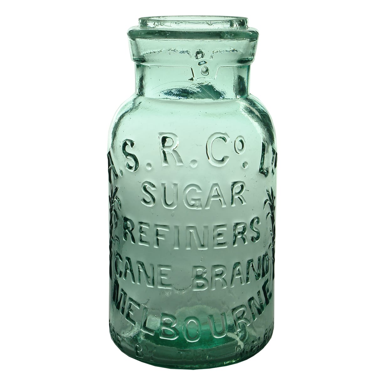 Jar. A. S. R. Co. Ltd, Cane Brand, Melbourne. Wire and bail type. Aqua. Quart. (Victoria)