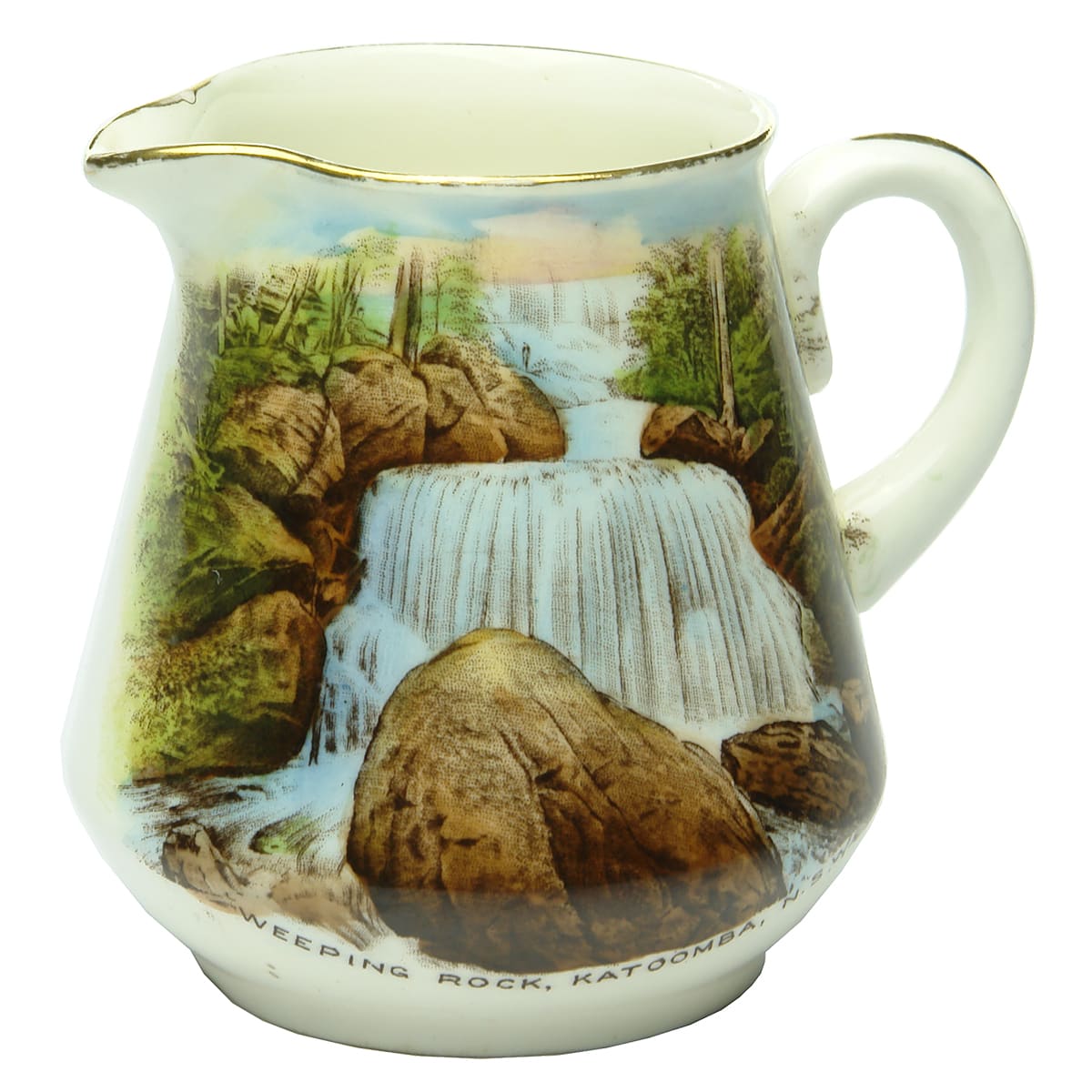 Souvenirware. Weeping Rock, Katoomba, N. S. W. Shelley. Small cream jug. (New South Wales)