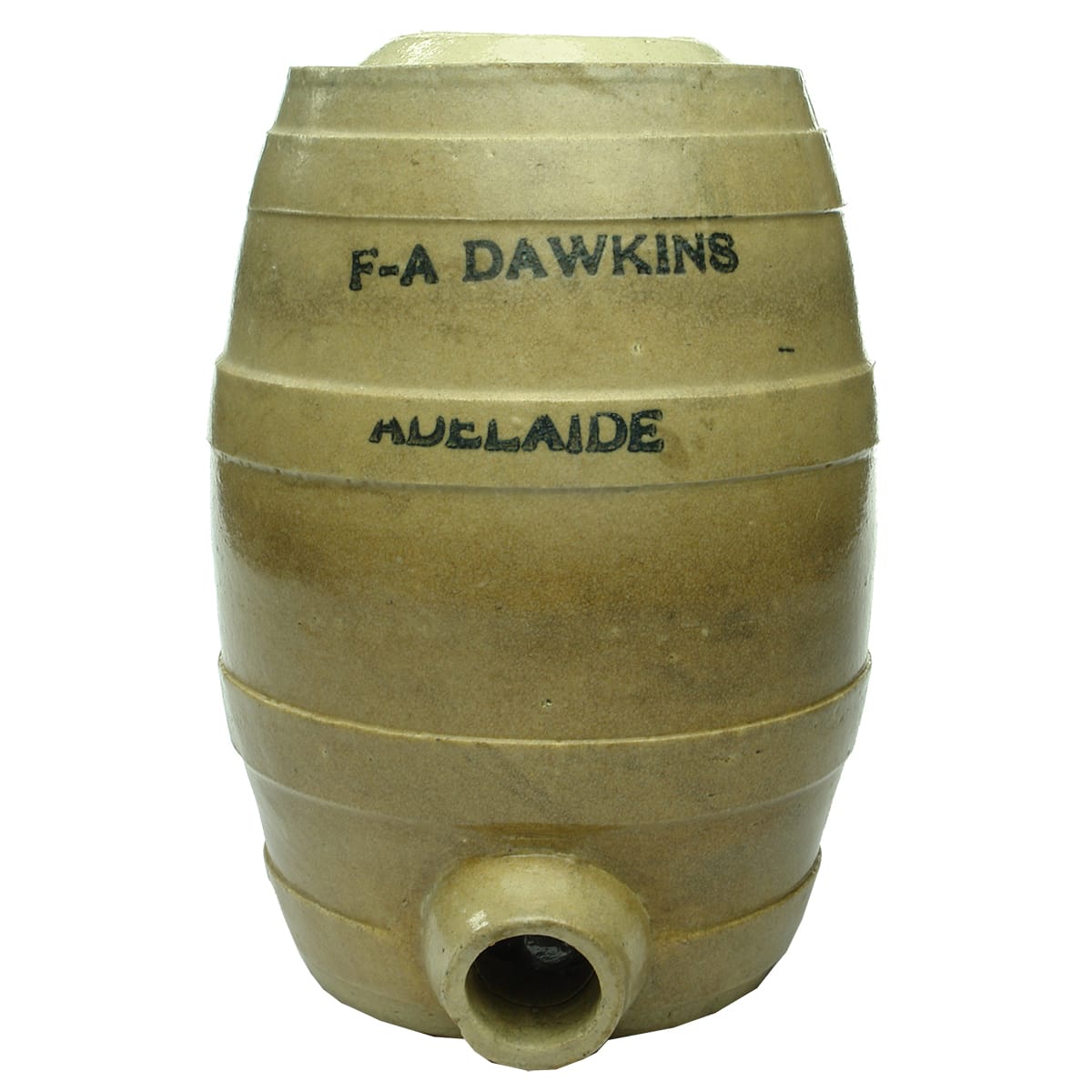 Pottery. F. A. Dawkins, Adelaide. Barrel. Half Gallon. All white with black print. (South Australia)