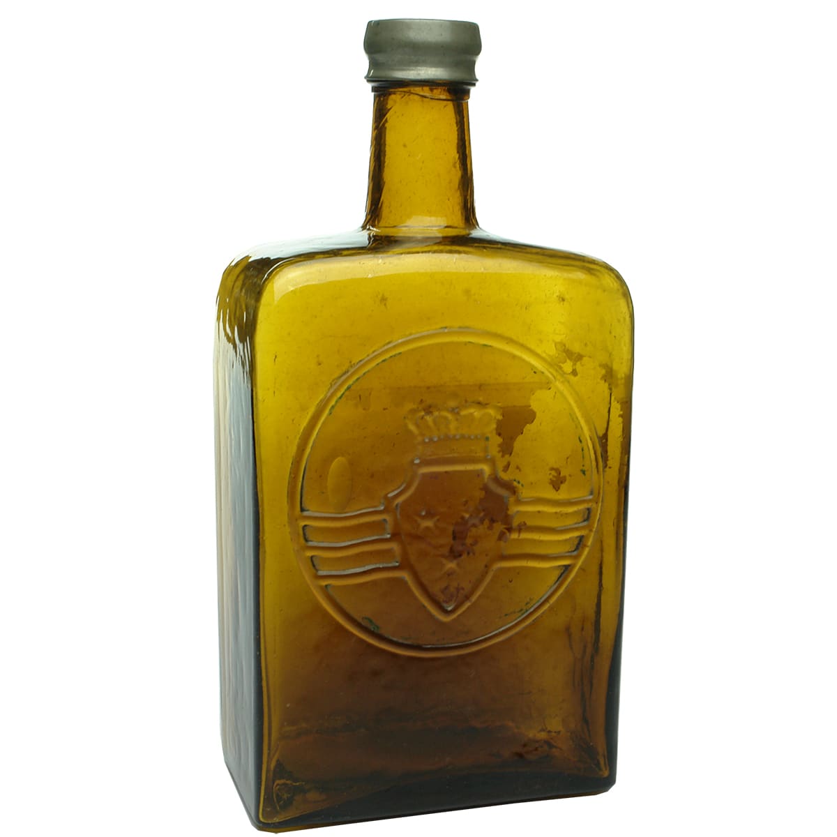 Spirits/Whisky. Crown over a shield with three stars. Amber. Oblong. Pewter cap over applied top.