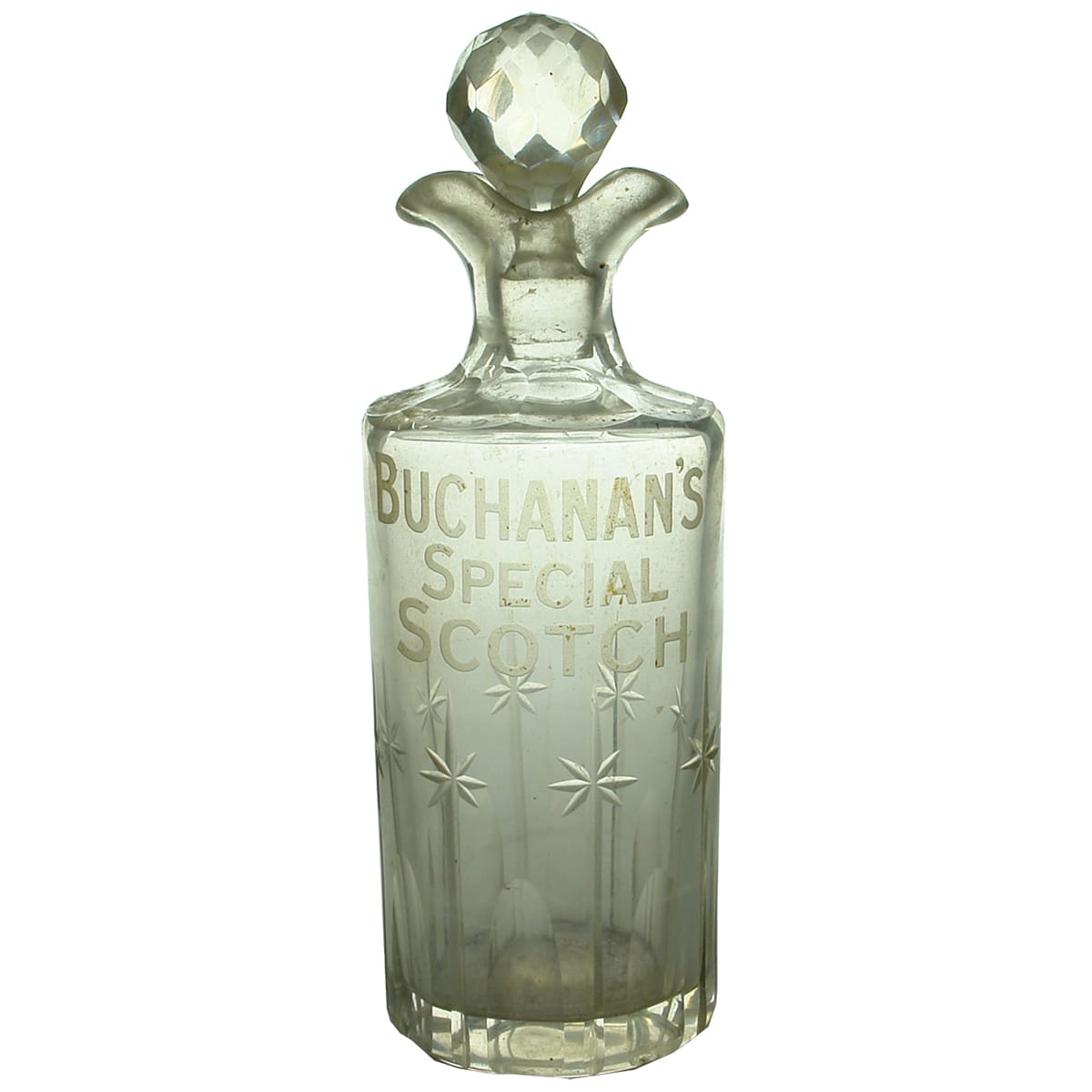 Cut glass Decanter. Buchanan's Special Scotch. Fitting stopper. Clear. 26 oz.