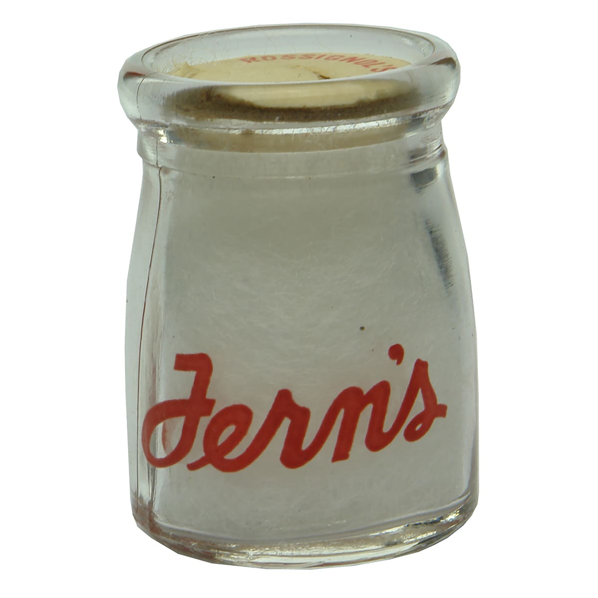Miniature. Tiny milk with ceramic label and wad stopper.  Fern's, Rossignol's Dairy. (United States)