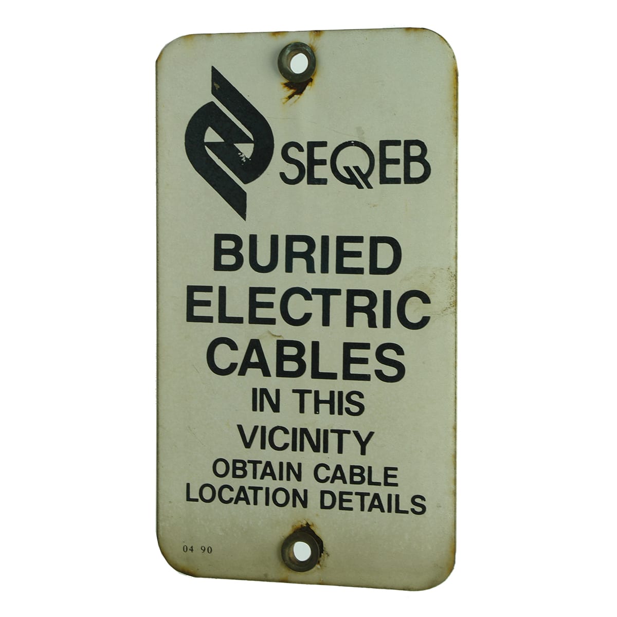 Enamel Sign. SEQEB. Buried Electrical Cables. Black & White. (Queensland)