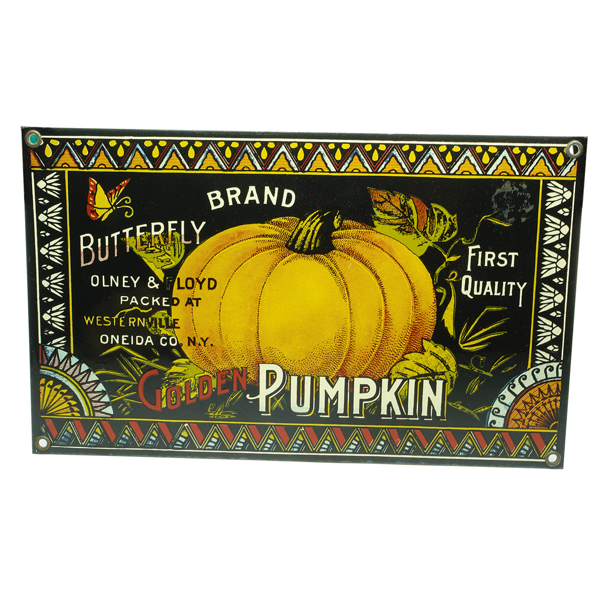 Enamel Sign. Fantasy piece. Butterfly Brand Golden Pumpkin. Westernville, Oneida Co. N. Y. (USA)