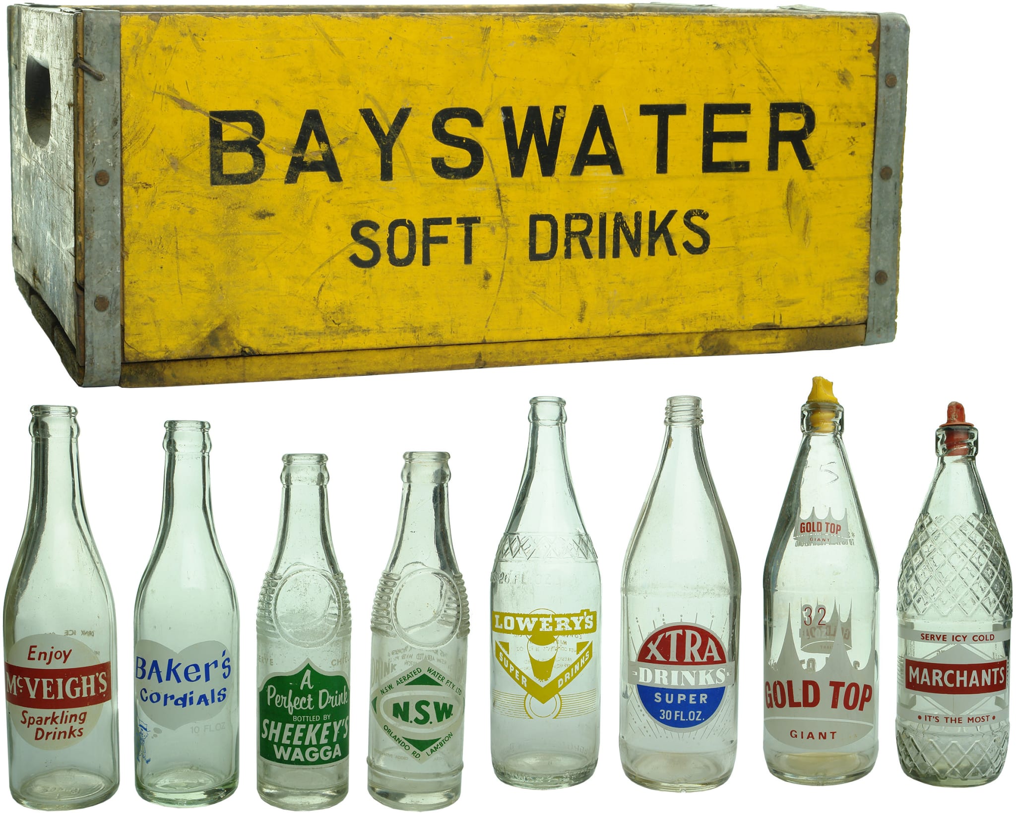 Antique Soft Drink Crate Ceramic Label Bottles