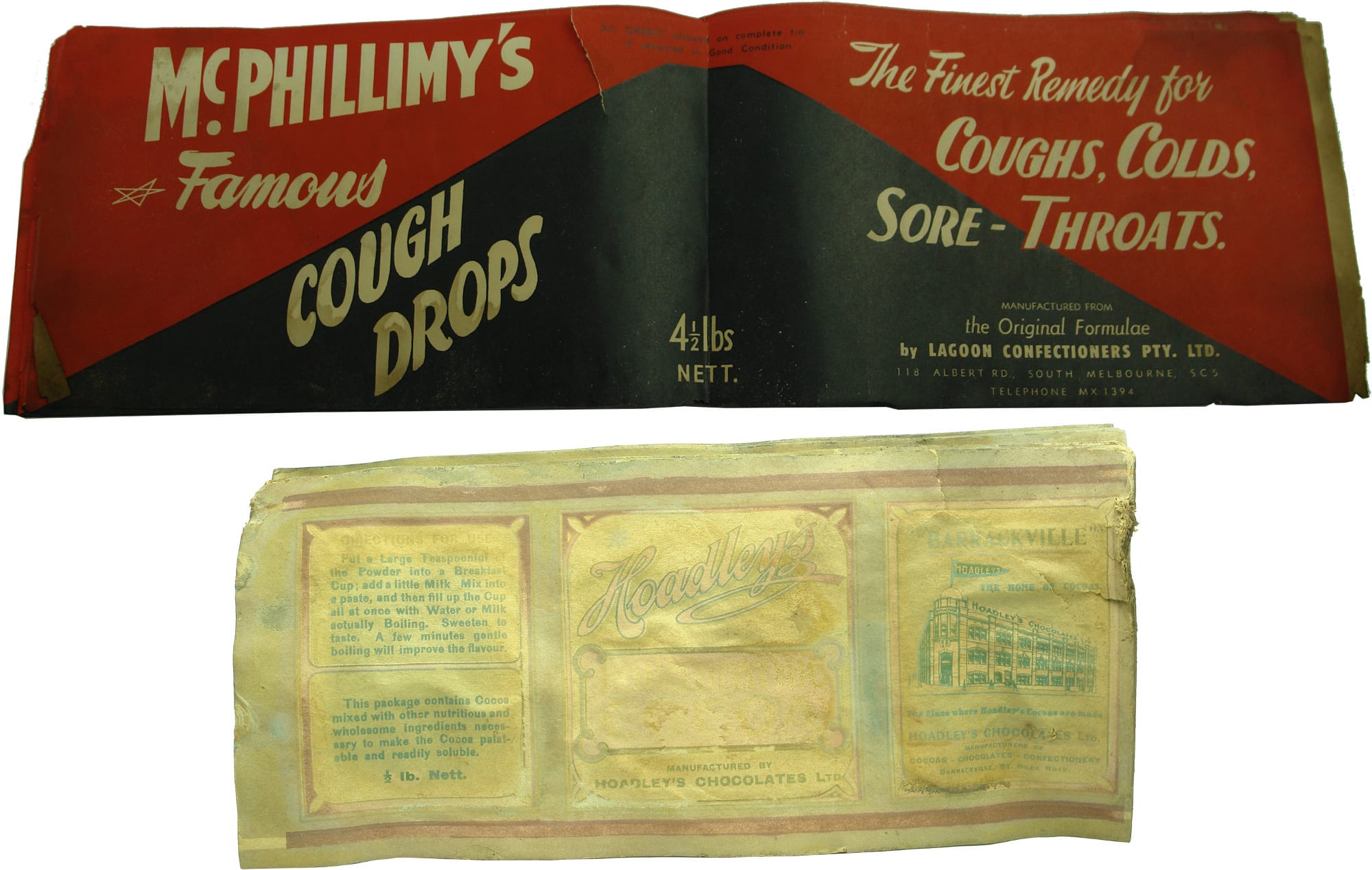 McPhillimy's Cough Drops Hoadley's Cocoa Labels