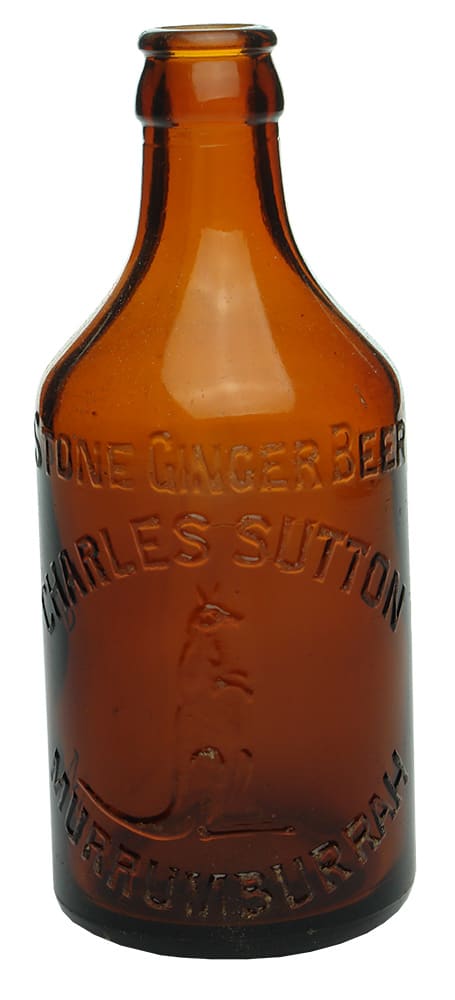 Charles Sutton Murrumburrah Kangaroo Amber Glass Ginger Beer Bottle