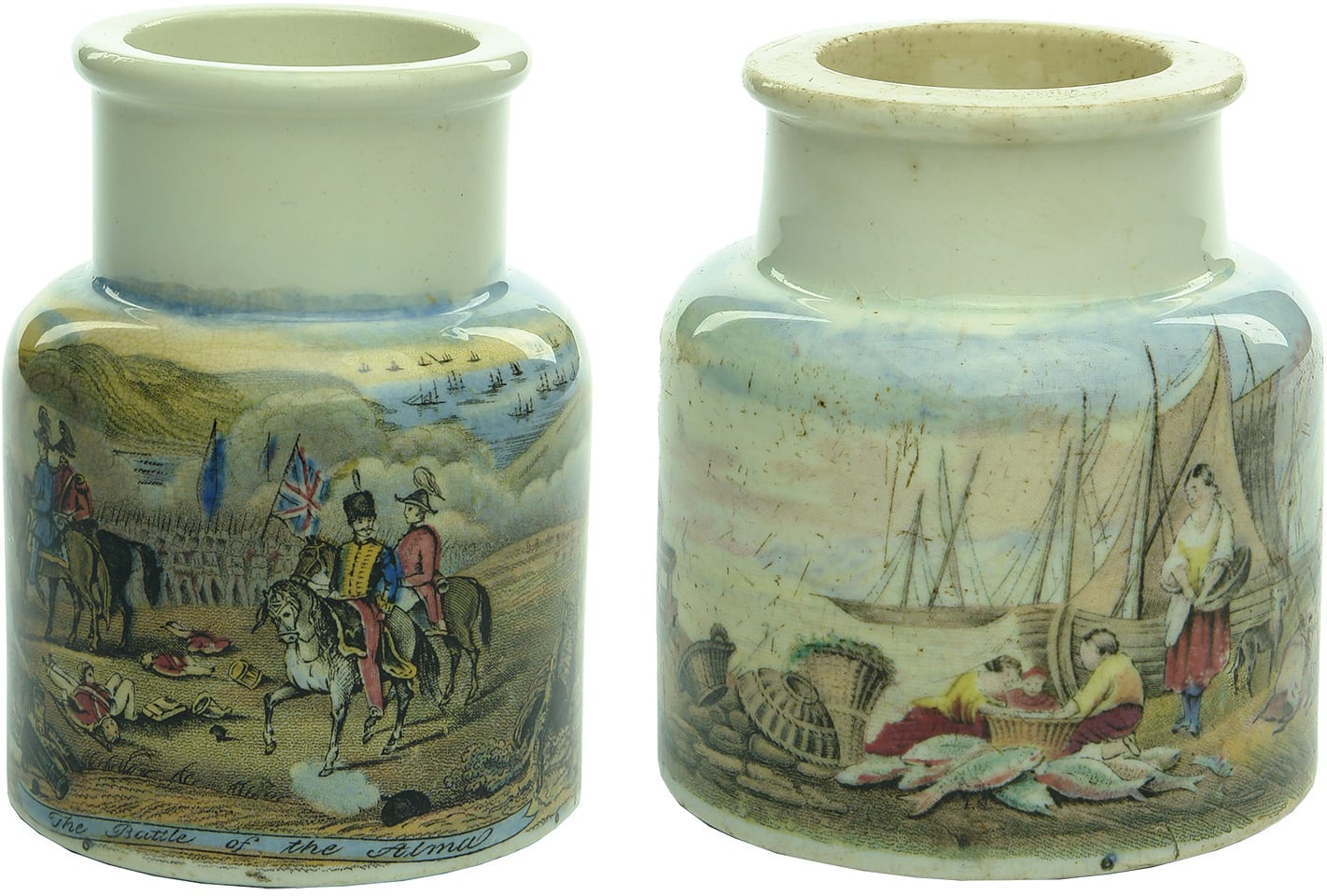 Battle of Alma Mending the Nets Prattware Jars