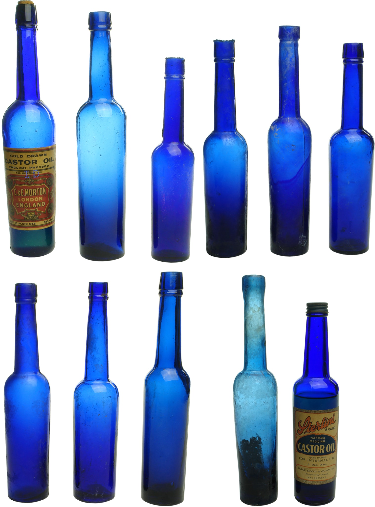 Collection Blue Castor Oil Bottles