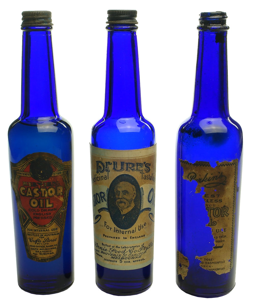 Old Antique Blue Castor Oil Bottles