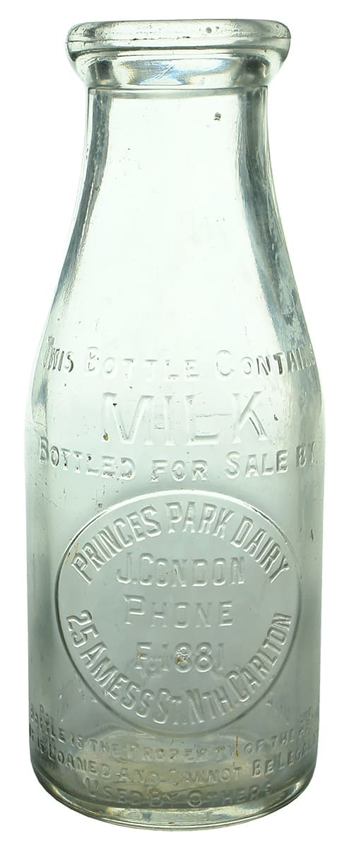 Princes Park Dairy Condon Carlton Milk Bottle