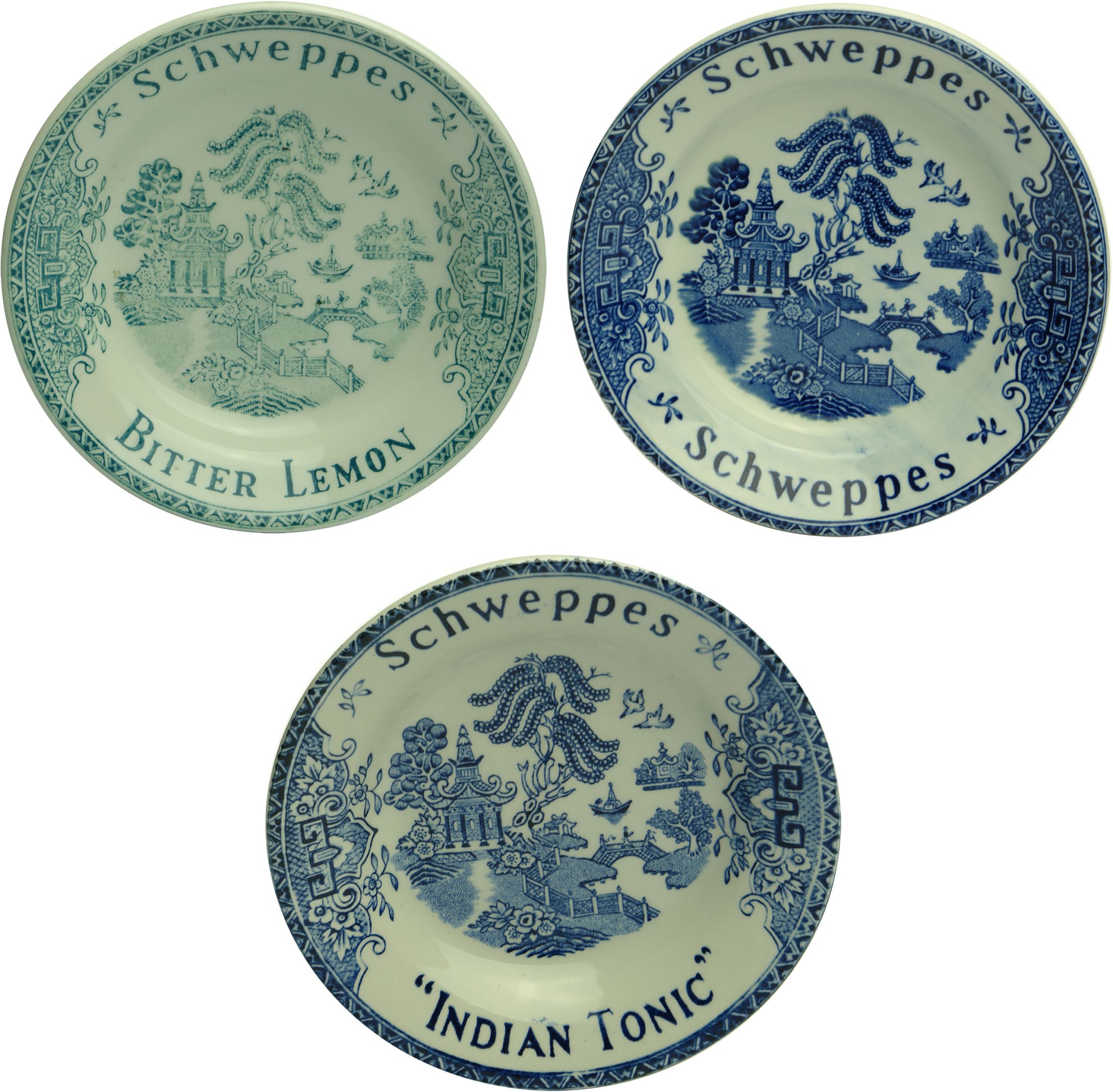 Old Schweppes Willow Pattern Advertising Change Trays