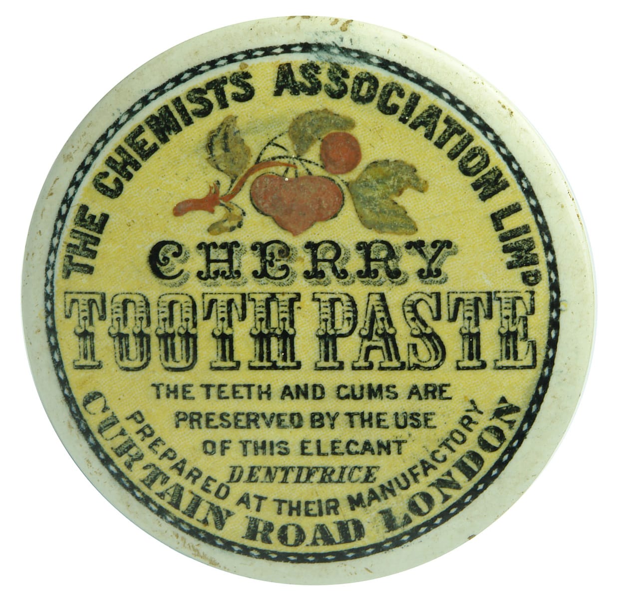 The Chemists Association Cherry Tooth Paste Antique Pot Lid