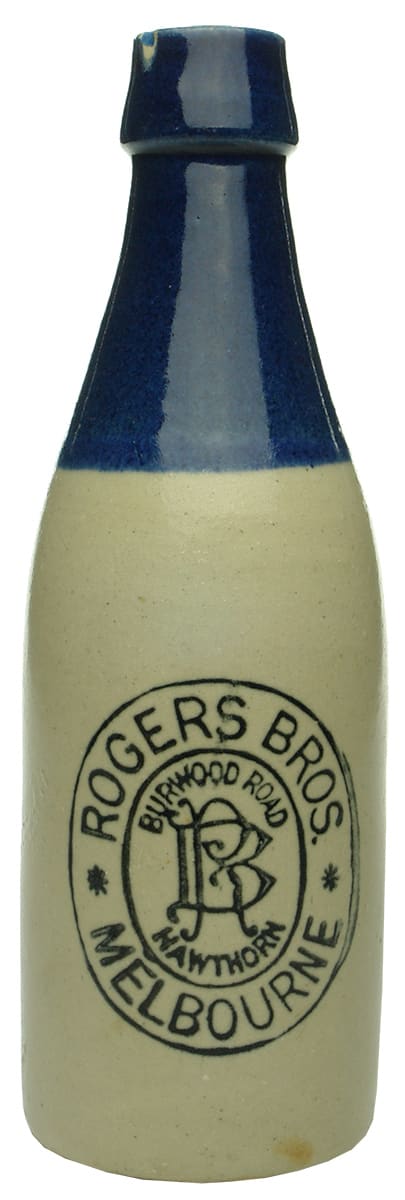 Rogers Bros Hawthorn Melbourne Blue Top Ginger Beer Bottle