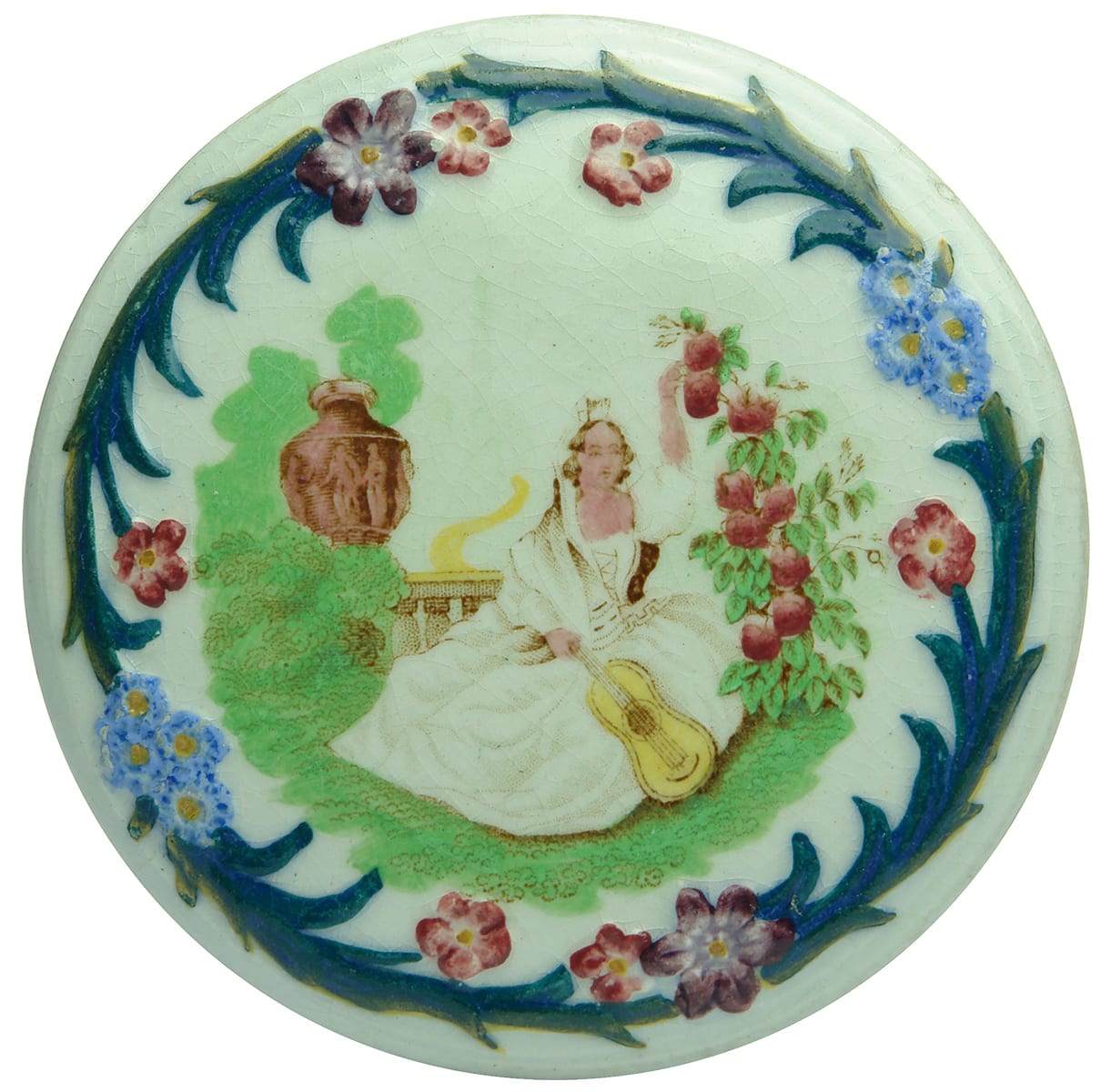 Woman with Guitar Coloured Pot Lid
