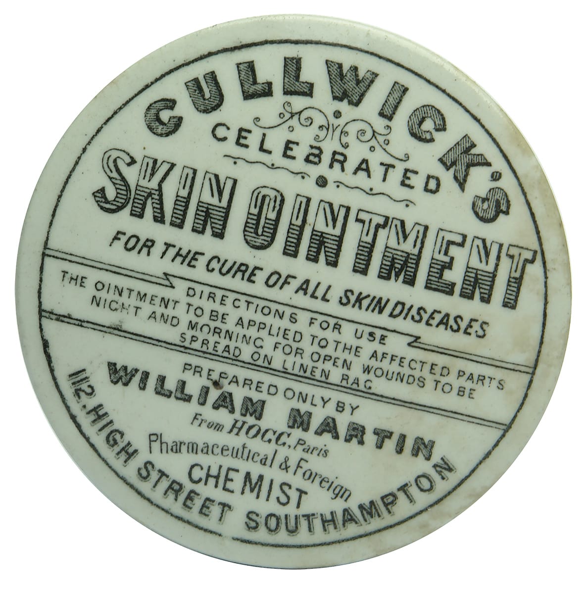 Cullwick's Skin Ointment Southampton Pot Lid