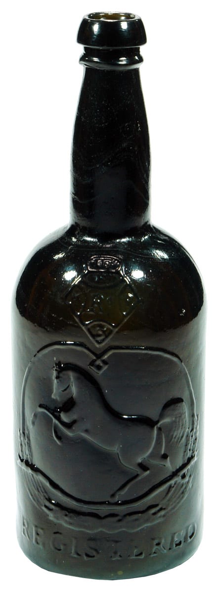 Squat Black Glass Horse Registered Bottle