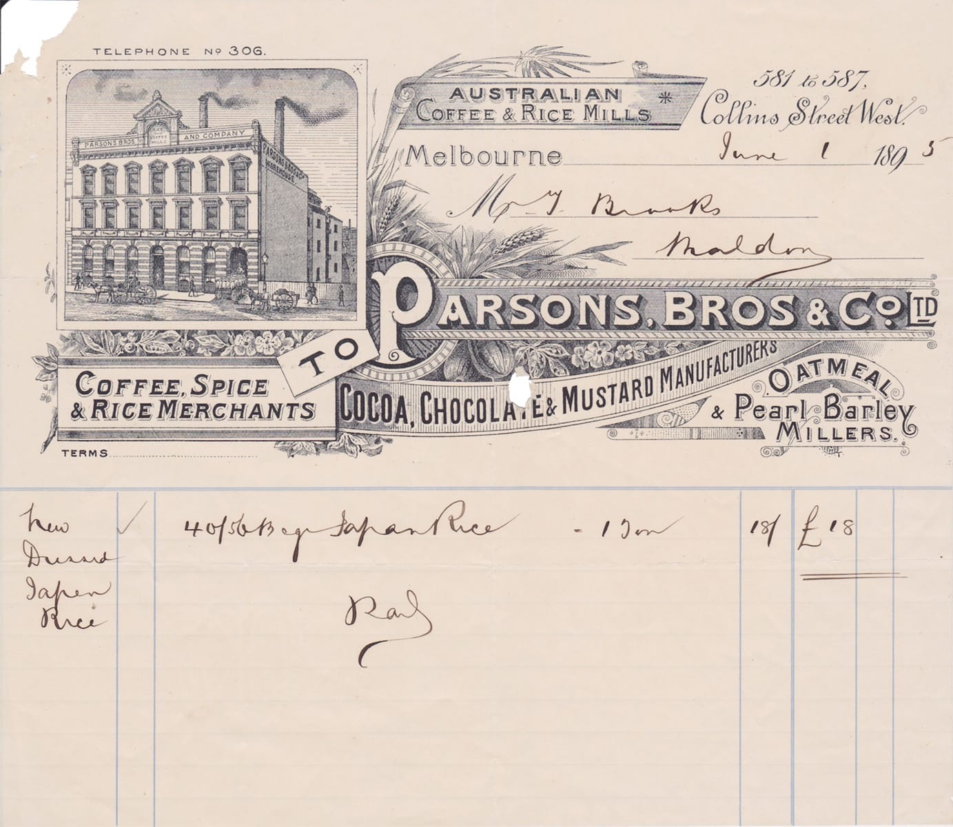 Parsons Coffee Melbourne Letterhead Invoice