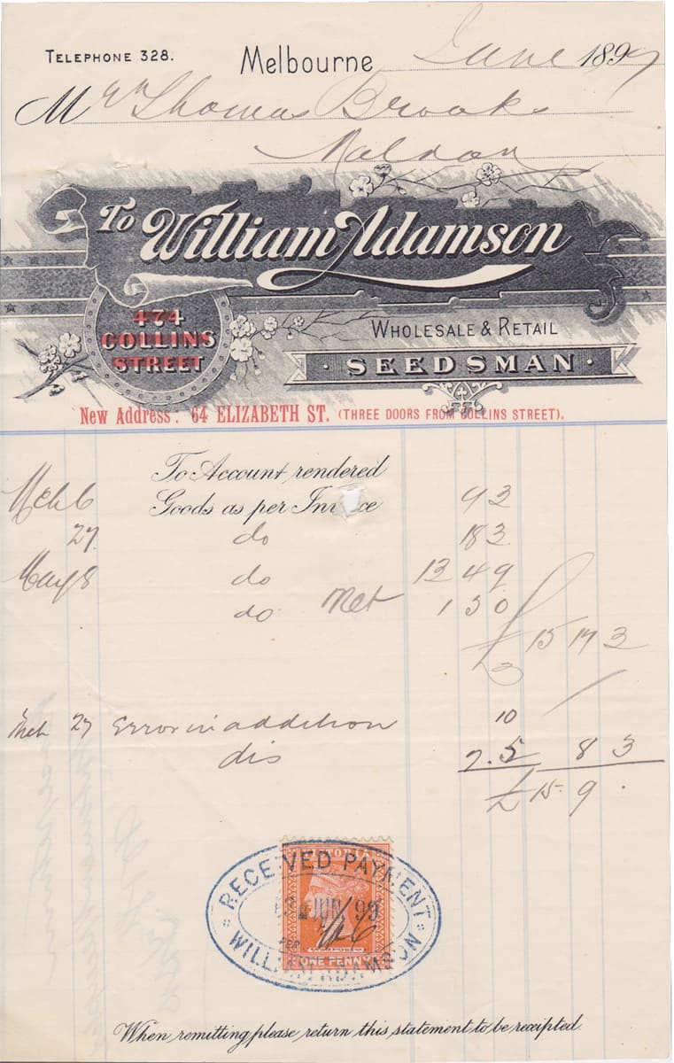 William Adamson Melbourne Letterhead Invoice