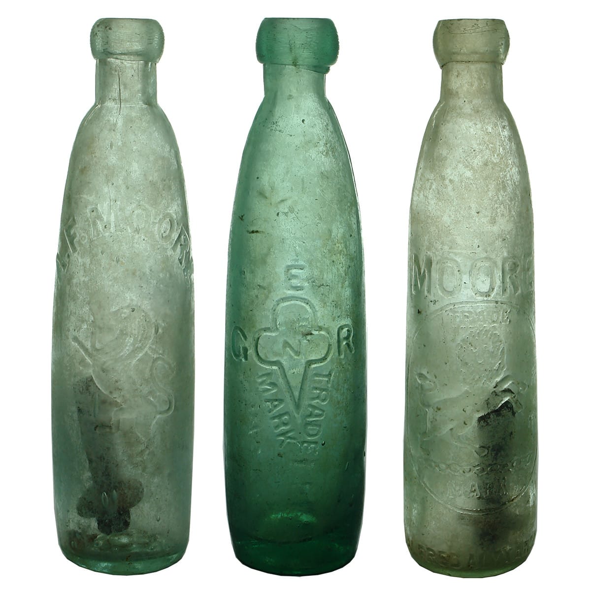 Three Stick Bottles: A. F. Moore , G. E. Redman and Moore, Newcastle. (New South Wales)