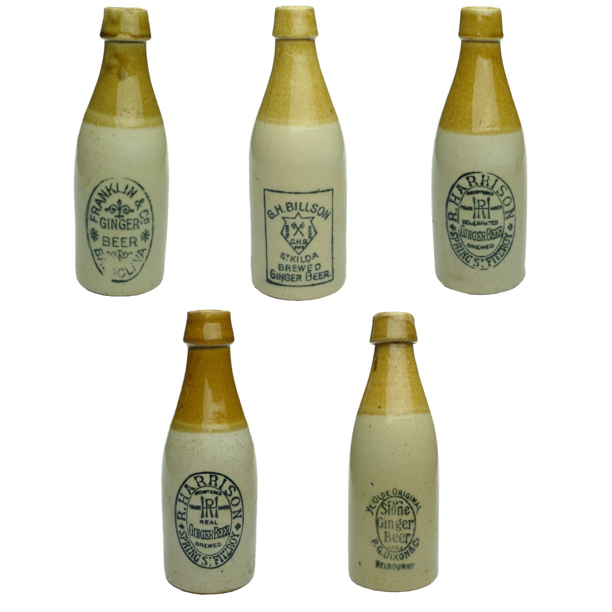 Five Melbourne Ginger Beers: Franklin, Balaclava; Billson, St Kilda; 2 x Harrison, Fitzroy and Dixon, Melbourne. (Victoria)