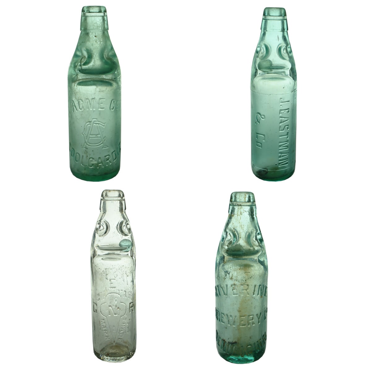 4 Codds: Acme Co. Coolgardie; J. Eastman & Co., Broken Hill; NSW Aerated Water Co; Riverine Brewery Deniliquin. (New South Wales & Western Australia)