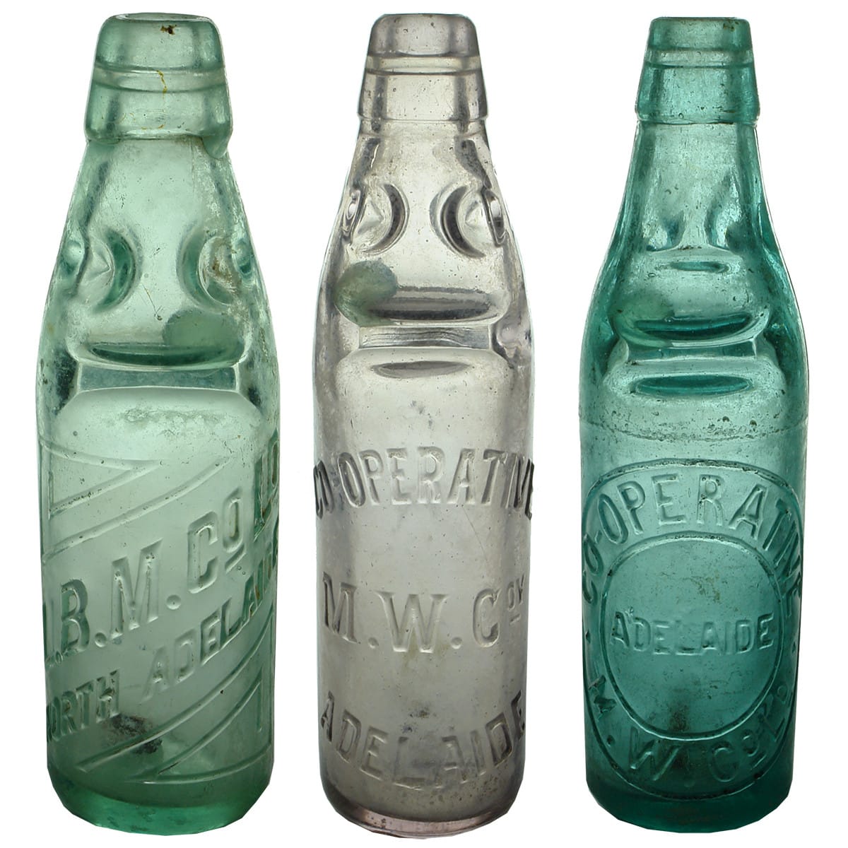 Three Codds: LBM North Adelaide 6 oz; 2 x Co-operative Mineral Water Co Adelaide. (South Australia)