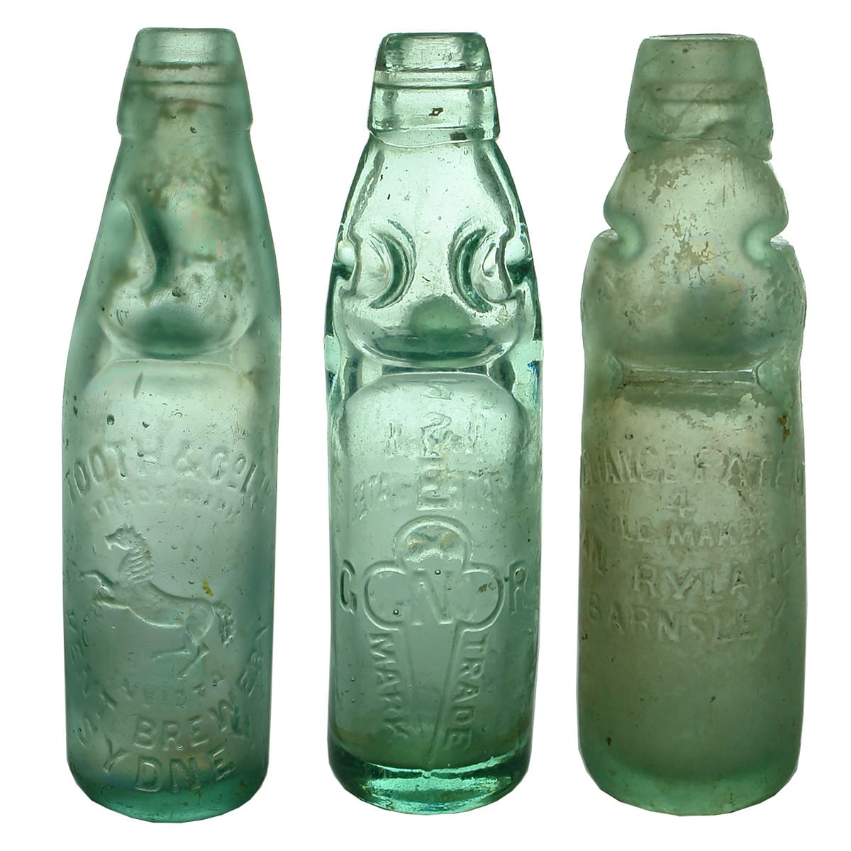 Three 6 oz Marble Bottles: Tooth & Co., Sydney; NSW Aerated Water, Newcastle; Dan Rylands Reliance Patent. (New South Wales)