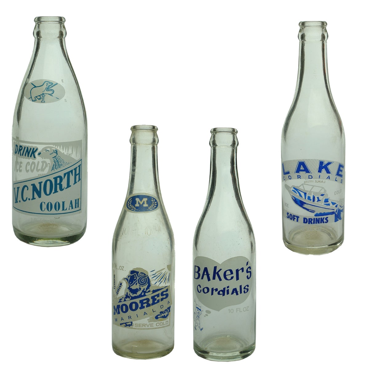 Four mid size Ceramic Label Crown Seals: V. C. North, Coolah; Moore's, Warialda; Baker's Boggabri; Lake Cordials, Lake Cargellico.