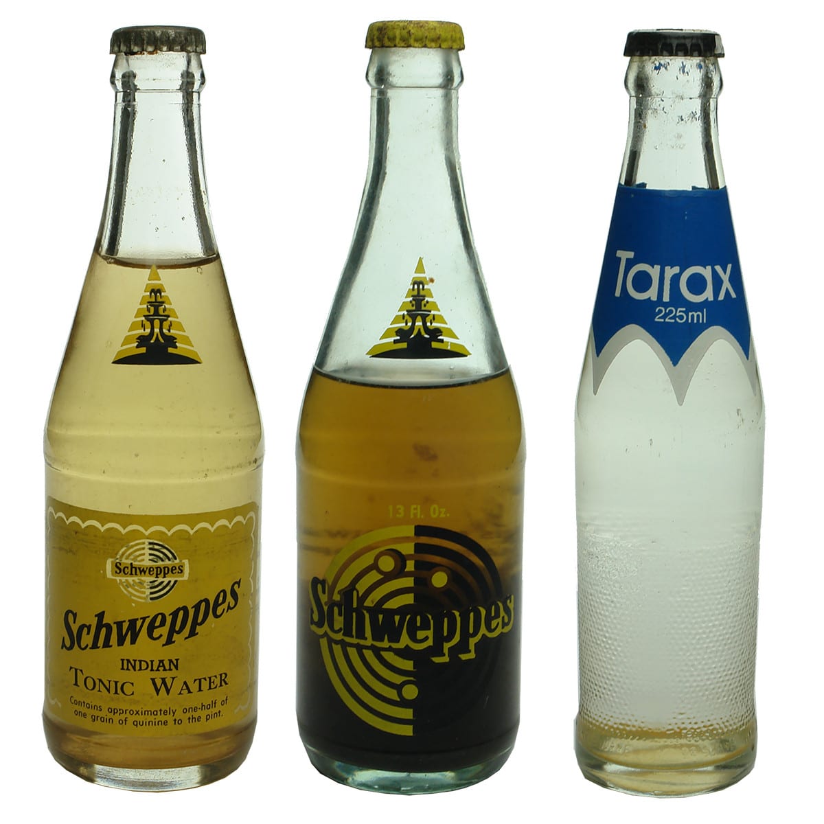 Three Ceramic Label bottles. 2 x different Schweppes; 1 x Tarax.