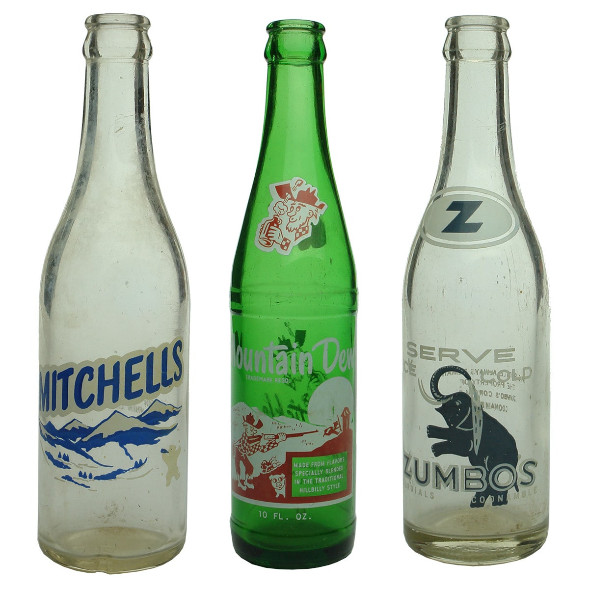 Three mid size Ceramic Label Crown Seals: Mitchells, Walgett; Mountain Dew, Pepsico, New York; Zumbo's, Coonamble.
