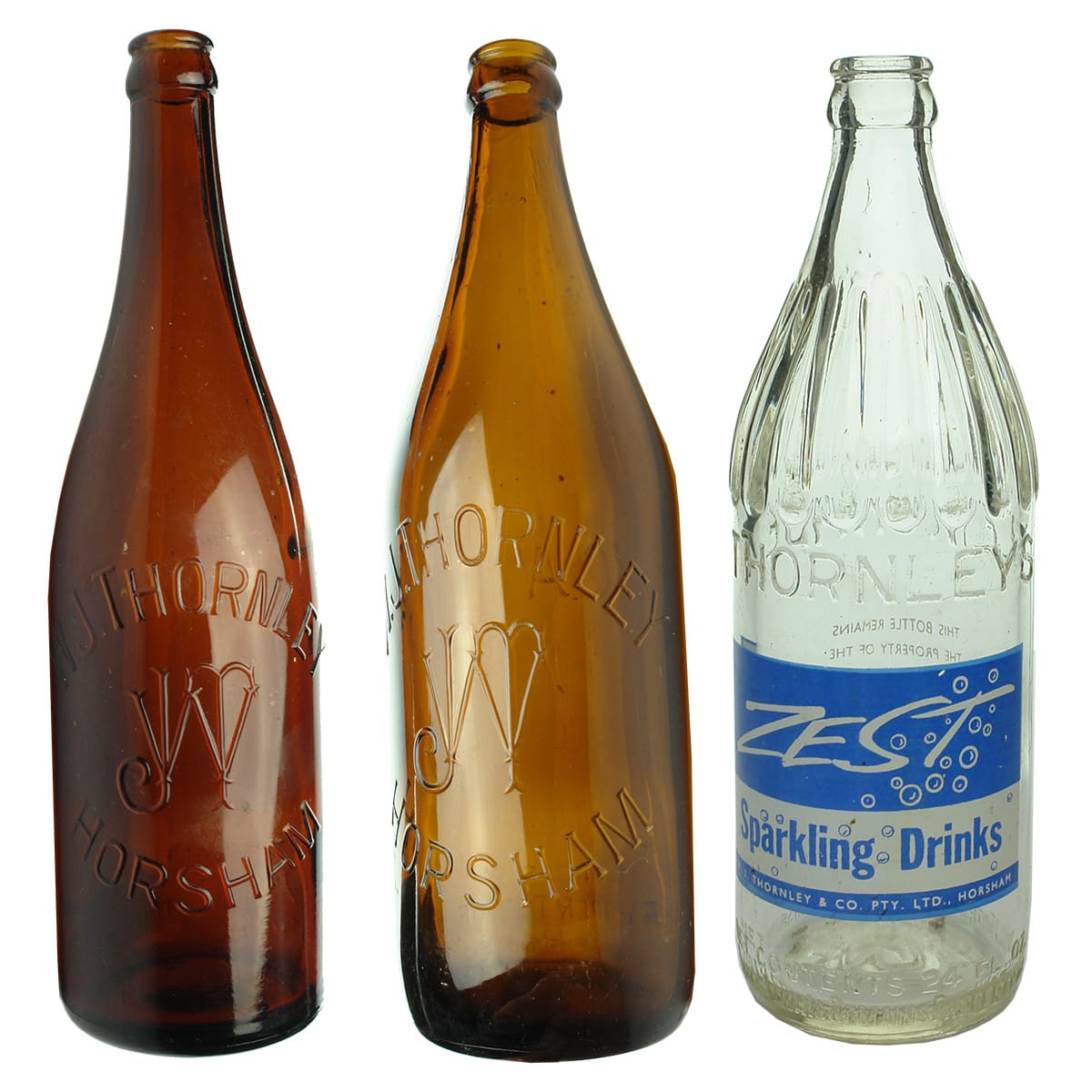 Three Crown Seals from Thornley Horsham. Amber 26 & 24 oz. Zest Sparkling Ceramic Label. (Victoria)