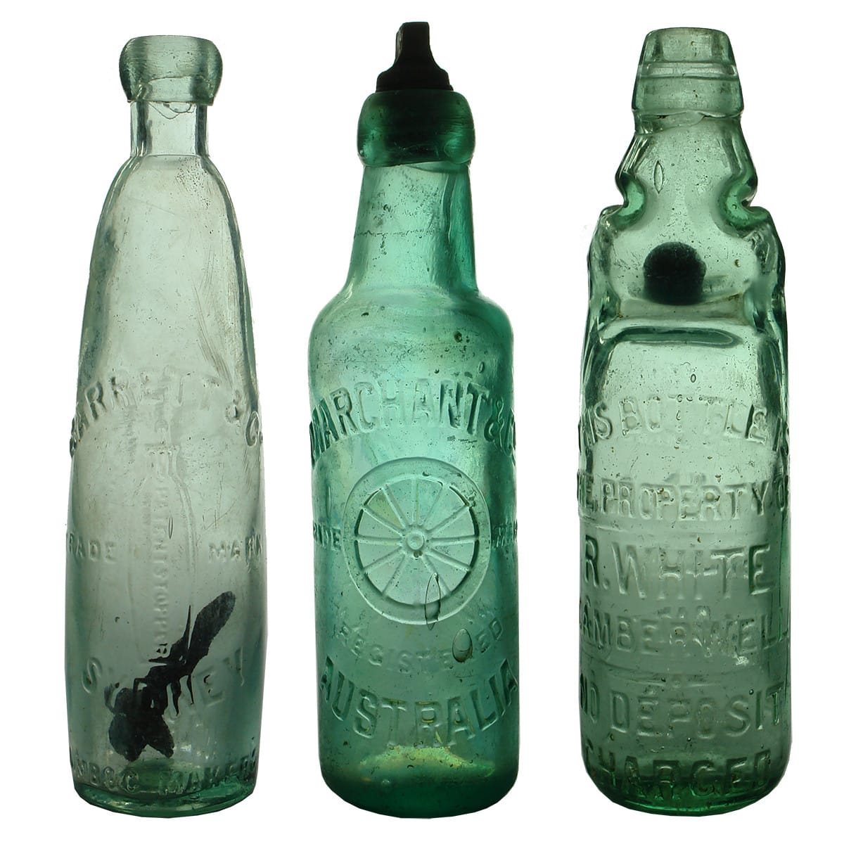 Three Aerated Waters: Barrett Sydney stick bottle; Marchant half size Internal Thread; White Camberwell black marble Reliance Patent.