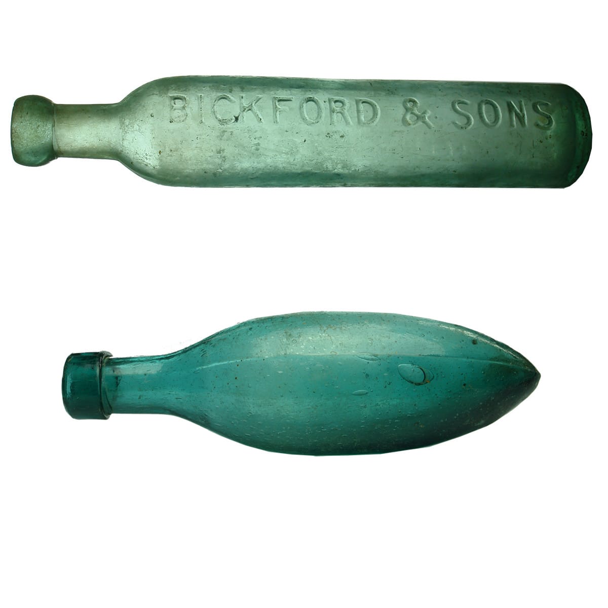 Pair of Aerated Waters: Bickford & Sons, Adelaide flat foot Maugham; Plain Turquoise Torpedo.