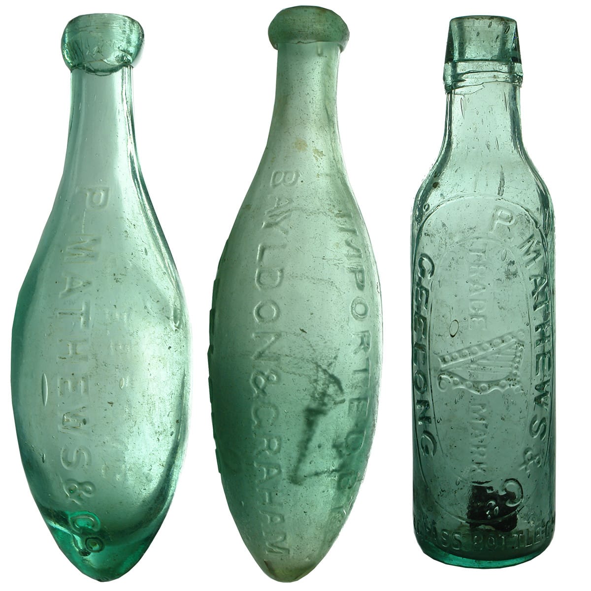 Three Geelong Bottles. Mathews Torpedo. Bayldon & Graham Torpedo and Mathews Lamont. (Victoria)