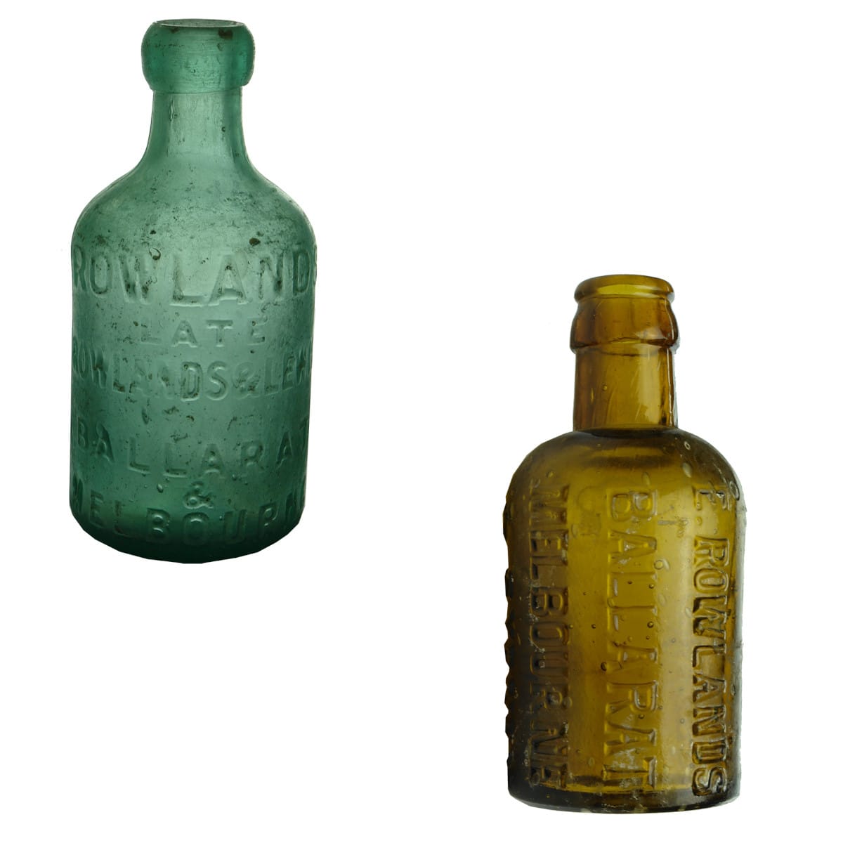Two Rowlands Bottles. Rowlands, Ballarat & Melbourne. Blob Top. Rowlands, Ballarat, Melbourne & Sydney Crown Seal. (Victoria & New South Wales)