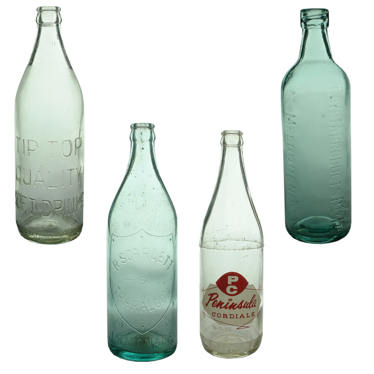 Four large Aerated Waters: Tip Top, Footscray; Scarlett, Traralgon; Peninsula Cordials, Frankston; Egypta Products Melbourne. (Victoria)