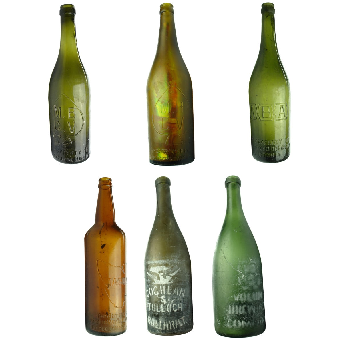 Six Beer Bottles: 2 different MBCV; ABA; Tasma; Sandblasted Coghlan & Tulloch and Sandblasted Volum Brewery.