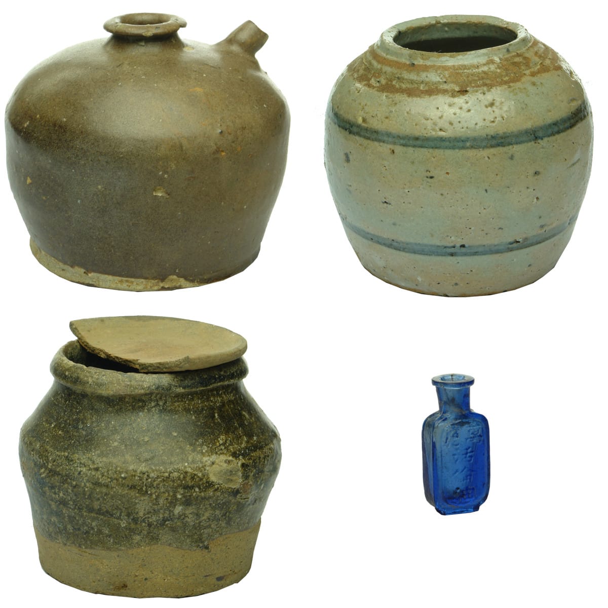 Four Chinese Items: Soy Sauce; Blue & White Ginger Jar; Small Bean Jar with a partial plate/lid; Blue Medicine.