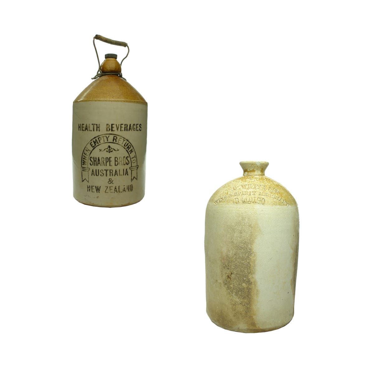 Two Demijohns: Sharpe Bros with Horseshoe print; Whyte & Co Bendigo.