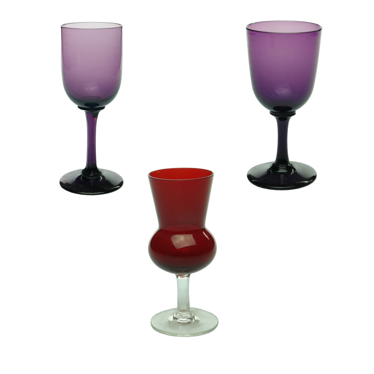 Three Early Glasses: 2 x Purple Georgian; 1 x Ruby Thistle shaped.